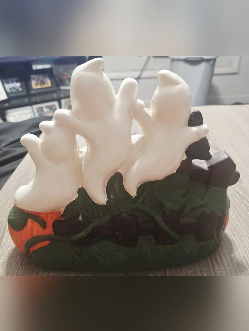 Vintage Halloween Ceramic Figure 3 Ghosts and a Crow on Jack O Lanterns